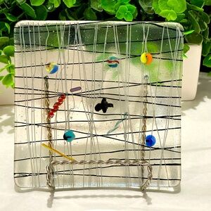 Vintage Fused Art Glass Square Dish Plate With Iridescent Candy Fused Signed